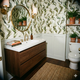 Lyria Tidescape Wallpaper with a wave pattern, styled in a modern bathroom featuring a dark wood vanity and a round gold mirror.
