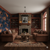 Riders at Dusk Wallpaper featuring a dark blue backdrop with a horse-rider motif and fiery accents.