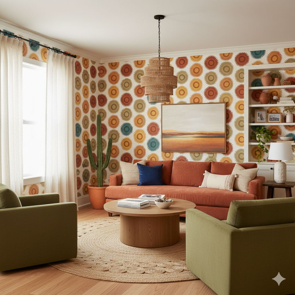Sol de Cusco wallpaper with sunburst pattern and multi-color palette, covering the walls in a styled living room setting.
