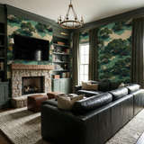 Everroot Wallpaper with a scenic trees and skies design, covering the walls of a room.