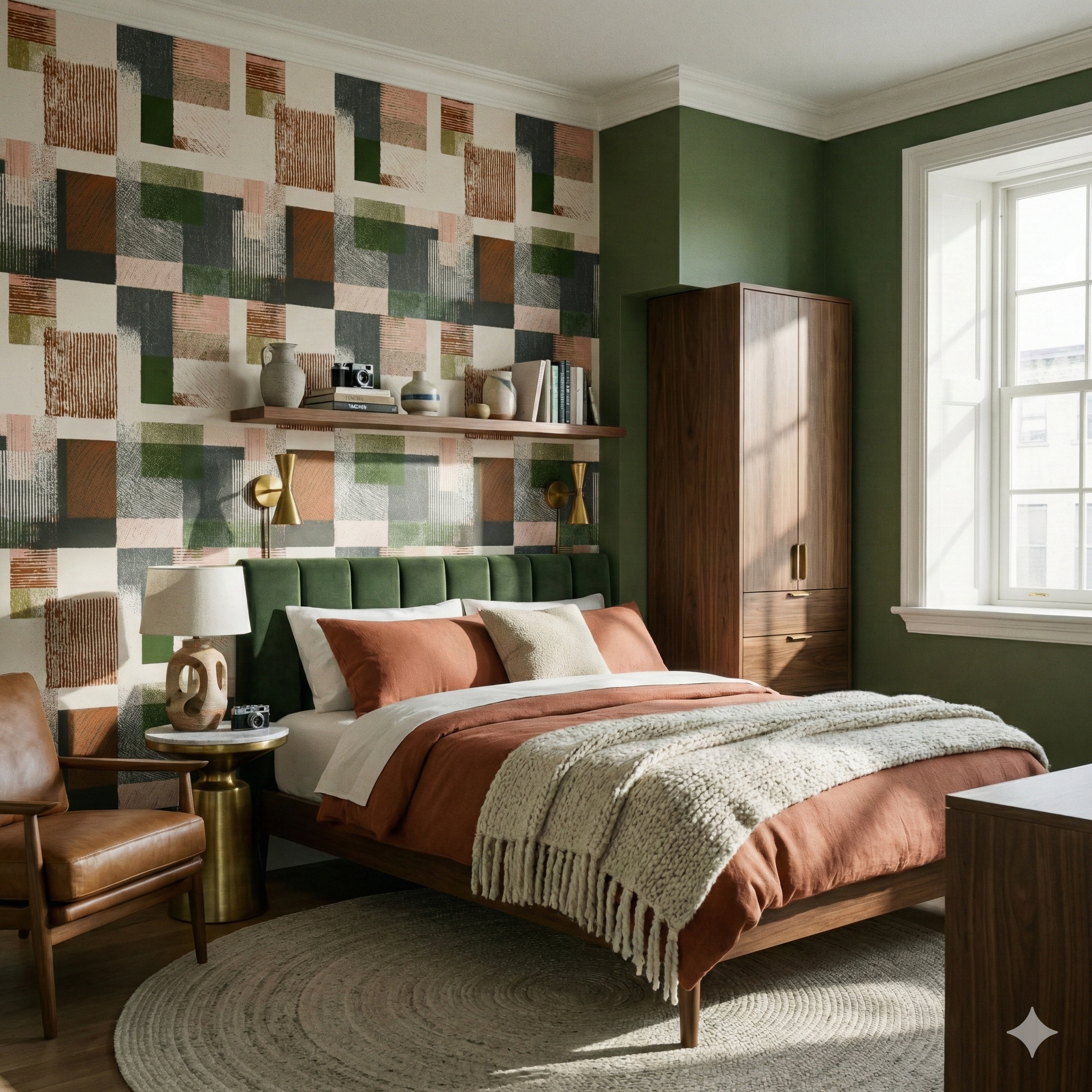 Rustline Grid Wallpaper with a geometric pattern, featuring squares and rectangles in brown, green, and pink.
