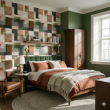 Rustline Grid Wallpaper with a geometric pattern, featuring squares and rectangles in brown, green, and pink.
