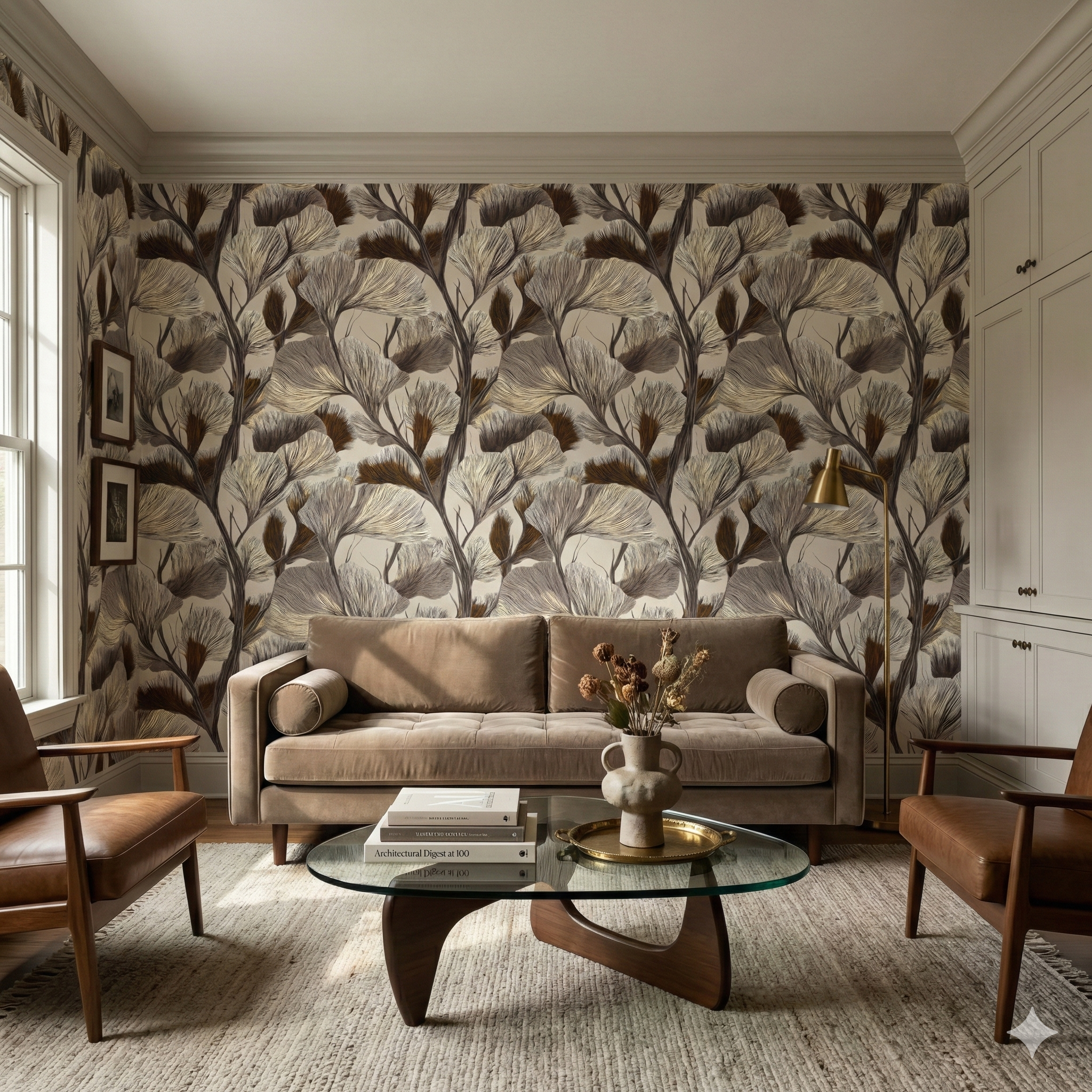 Botanical wallpaper with brown trees by Thicket Vein, covering the room's walls.