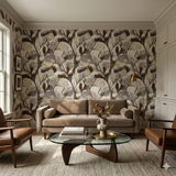 Botanical wallpaper with brown trees by Thicket Vein, covering the room's walls.