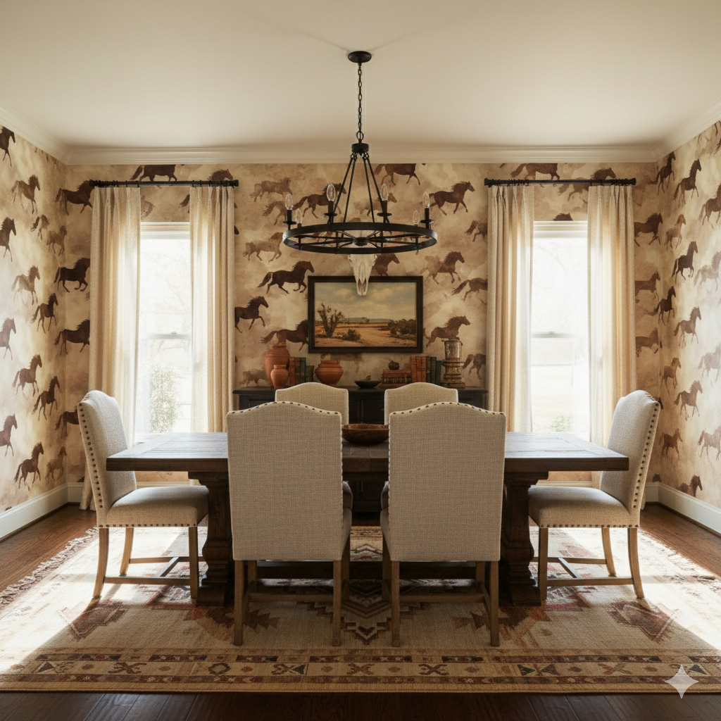 Wild Sage Run Wallpaper with a horse pattern on textured tan paper.
