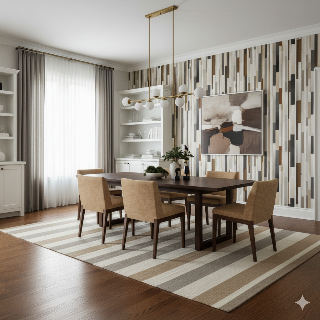 Sable District wallpaper with vertical striped pattern and neutral color palette.