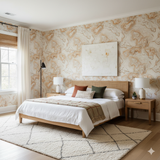 Patterned wallpaper with an organic topographic design, showing a bedroom with a platform bed and geometric area rug.