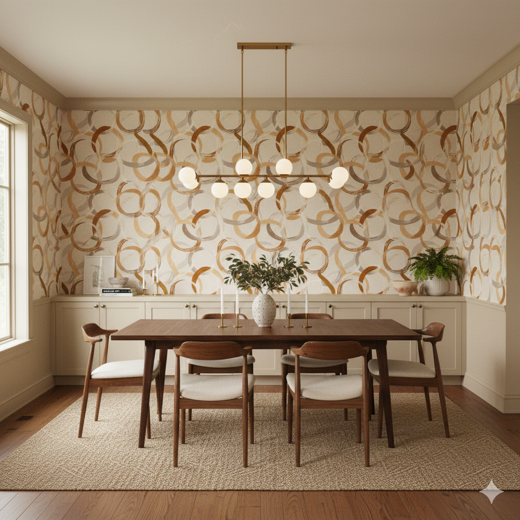 Abstract ring patterned wallpaper with brown and beige hues.