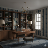 Fjord Line Wallpaper with a blue and white vertical stripe pattern.