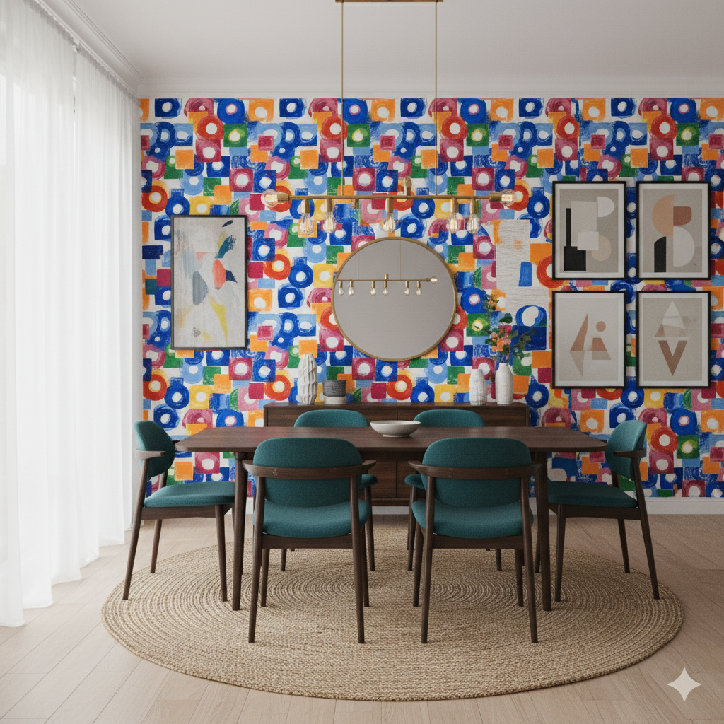Vibrant Orbit Theory Wallpaper with colorful geometric shapes, covering the entire wall.