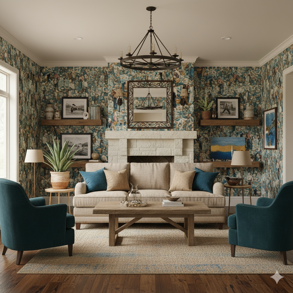 Autumn Bounty wallpaper featuring a busy pattern of people, animals, and greenery in various shades of blue and beige.