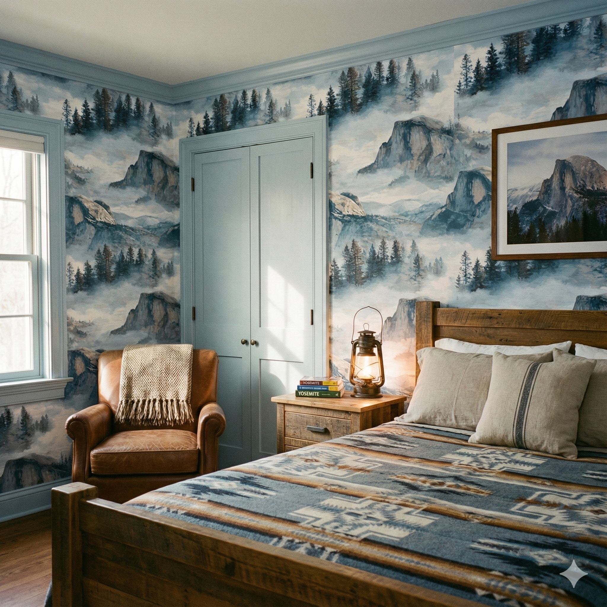 Yosemite Veil wallpaper with a mountain and forest landscape, styled in a bedroom.