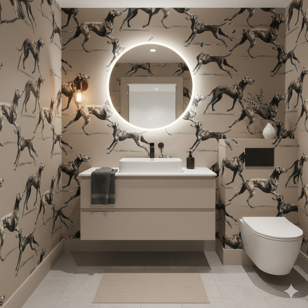 Argent Run Wallpaper with dog pattern by Argent echoing in the illuminated round mirror.