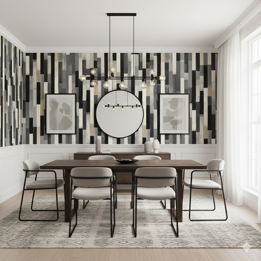 Echelon Panel Wallpaper with geometric patterns and textures in a dining room setting.