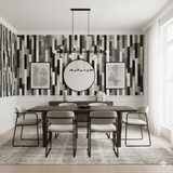 Echelon Panel Wallpaper with geometric patterns and textures in a dining room setting.