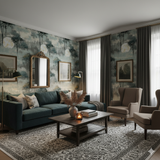 Luna Canopy Wallpaper with forest and moon pattern on a wall in a living room.