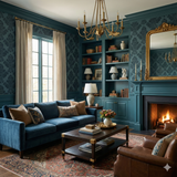 Caspian Shadow damask wallpaper with a dark blue floral pattern.