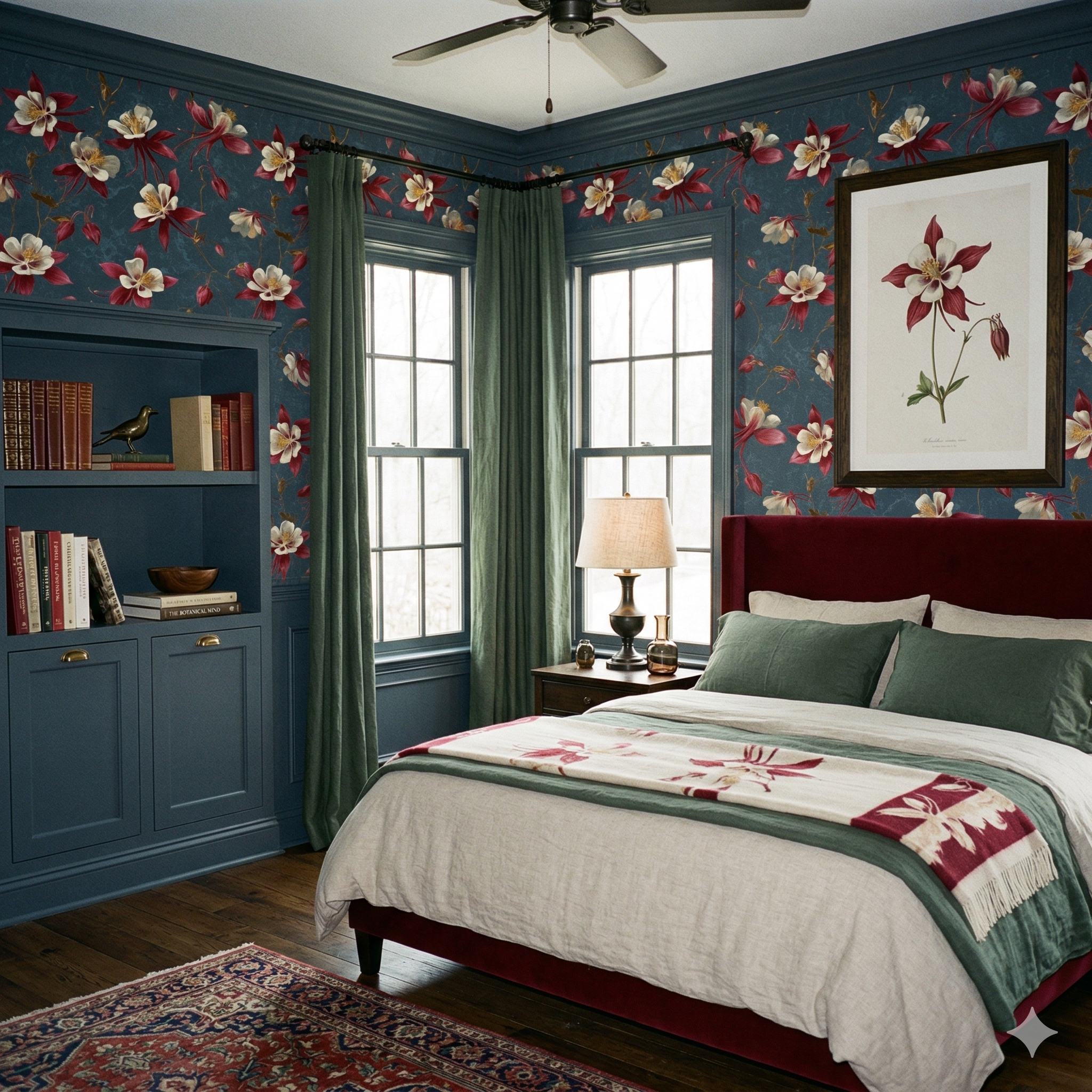 Crimson aviary drift wallpaper with a floral pattern and dark blue background.
