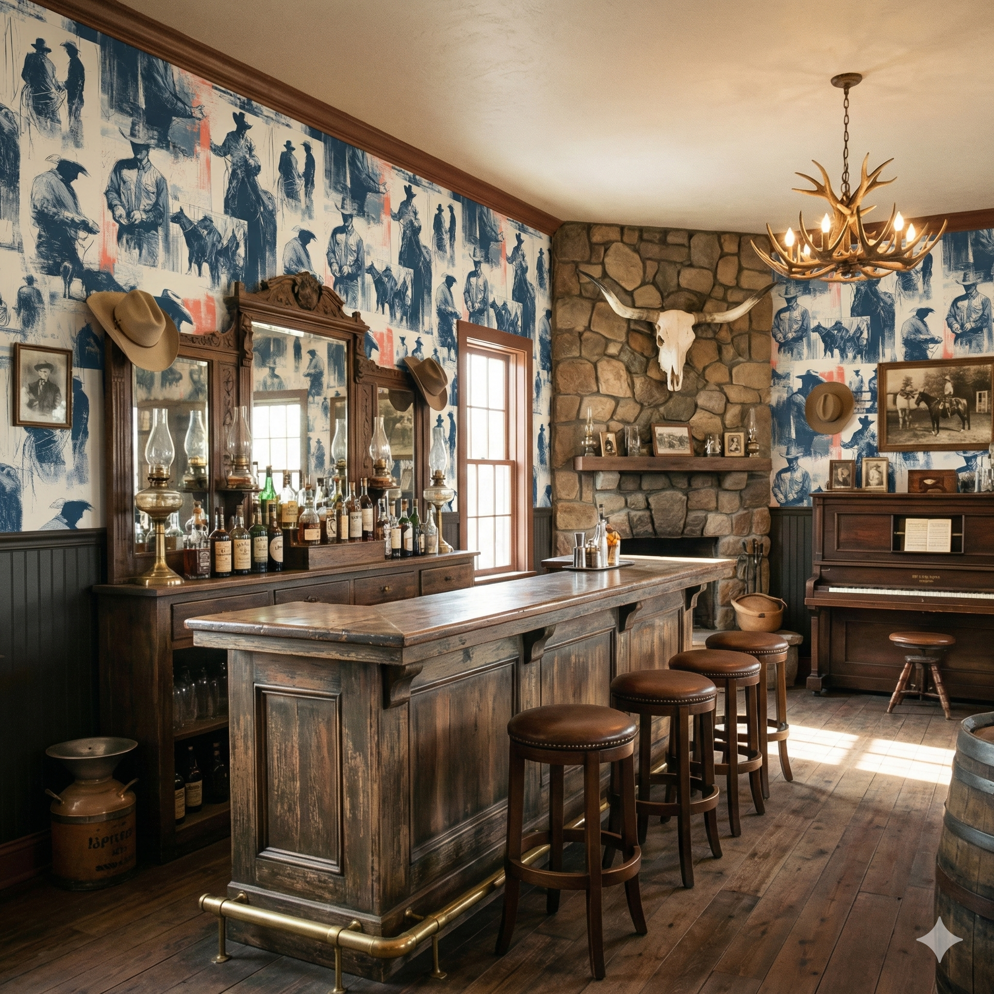 Cattleman’s Field Notes wallpaper featuring a western cowboy pattern, in a room with a saloon bar and stone fireplace.