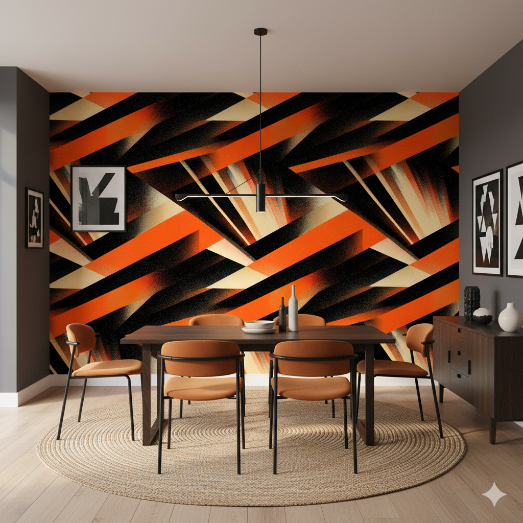 Voltage wallpaper with orange and black geometric pattern.