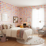 Confetti Bloom Wallpaper with multicolored watercolor dot pattern on a white background.