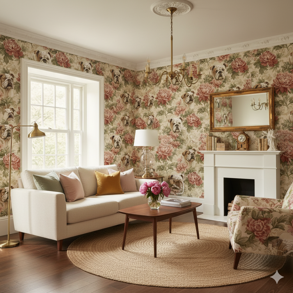 Patterned wallpaper with floral and dog motif, English Garden Bulldogs Wallpaper, with gold mirror and white fireplace.
