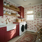 Keepsake Loop Wallpaper with ribbon pattern on the walls of a laundry room.