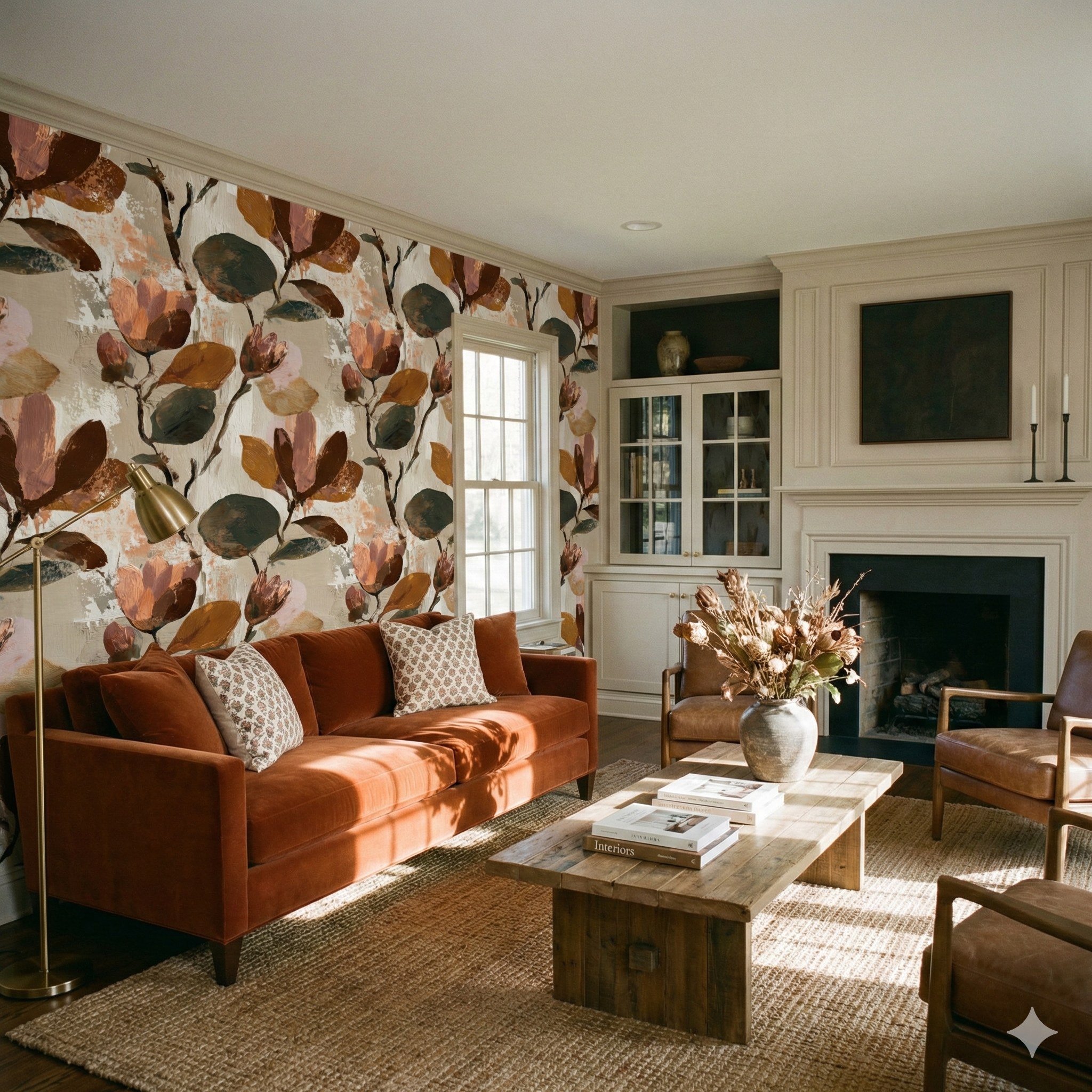 Floral wallpaper with a painterly pattern, featuring leaves and flowers in earthy tones.