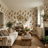 Patterned Sketch & Sitter Wallpaper with repeated brown dog illustrations against a neutral backdrop.
