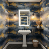 Twilight Meridian wallpaper with abstract blue and gold pattern, displayed on a bathroom wall.