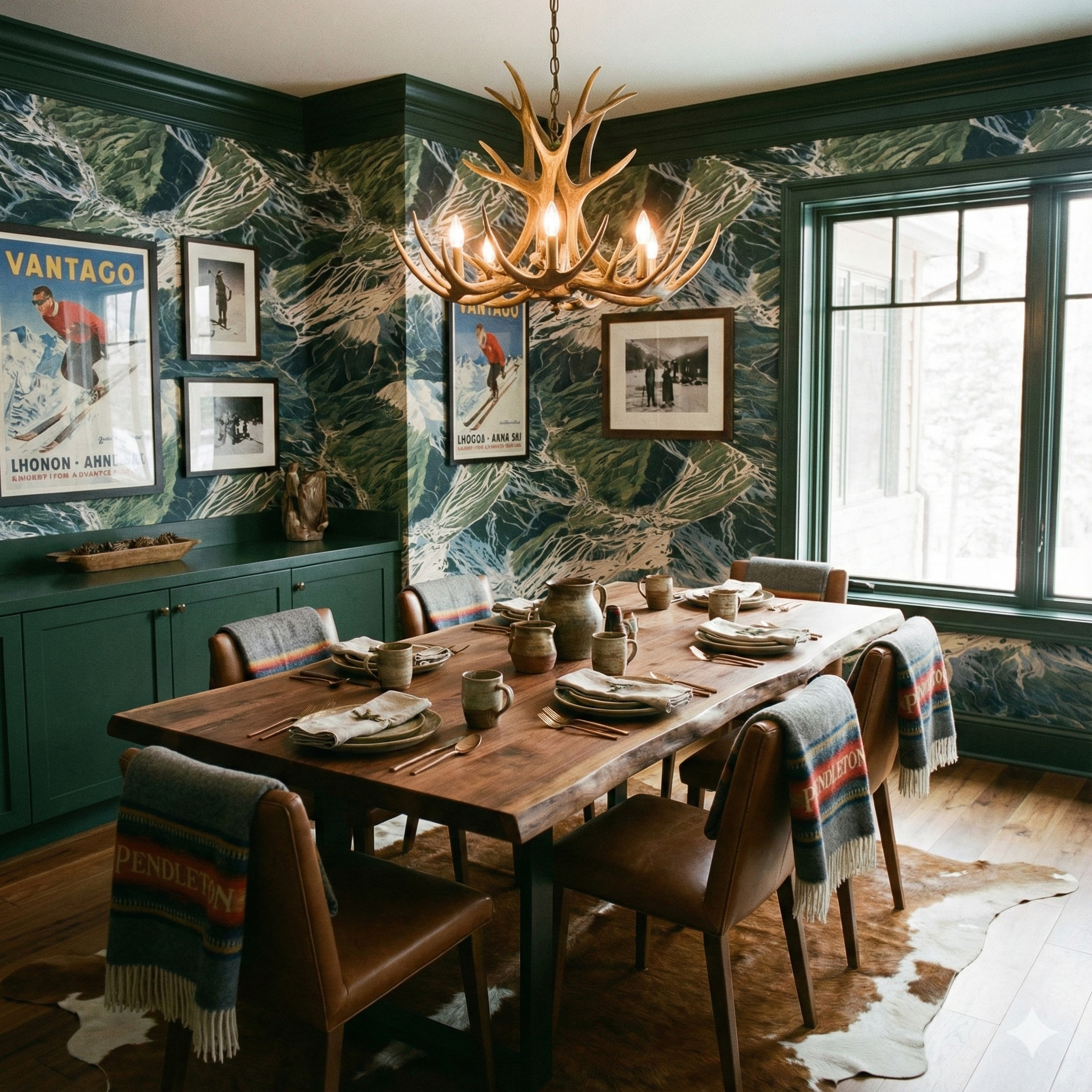 Scenic mountain landscape wallpaper in a forest green palette, patterned with a ski resort visual.