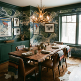Scenic mountain landscape wallpaper in a forest green palette, patterned with a ski resort visual.