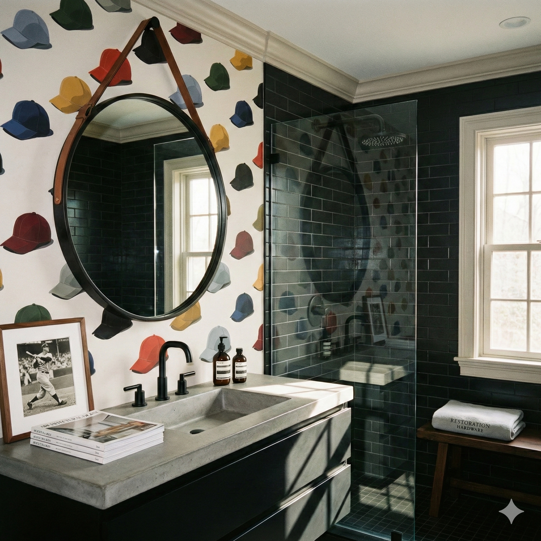 Baseball cap pattern wallpaper with colorful hats, alongside a round mirror.
