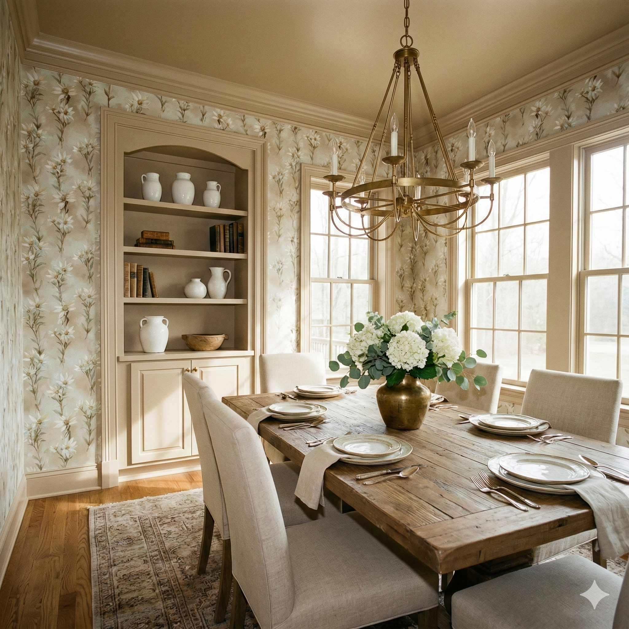 Bloom wallpaper by Edelmark featuring a floral pattern, set within a styled dining room.
