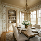 Bloom wallpaper by Edelmark featuring a floral pattern, set within a styled dining room.
