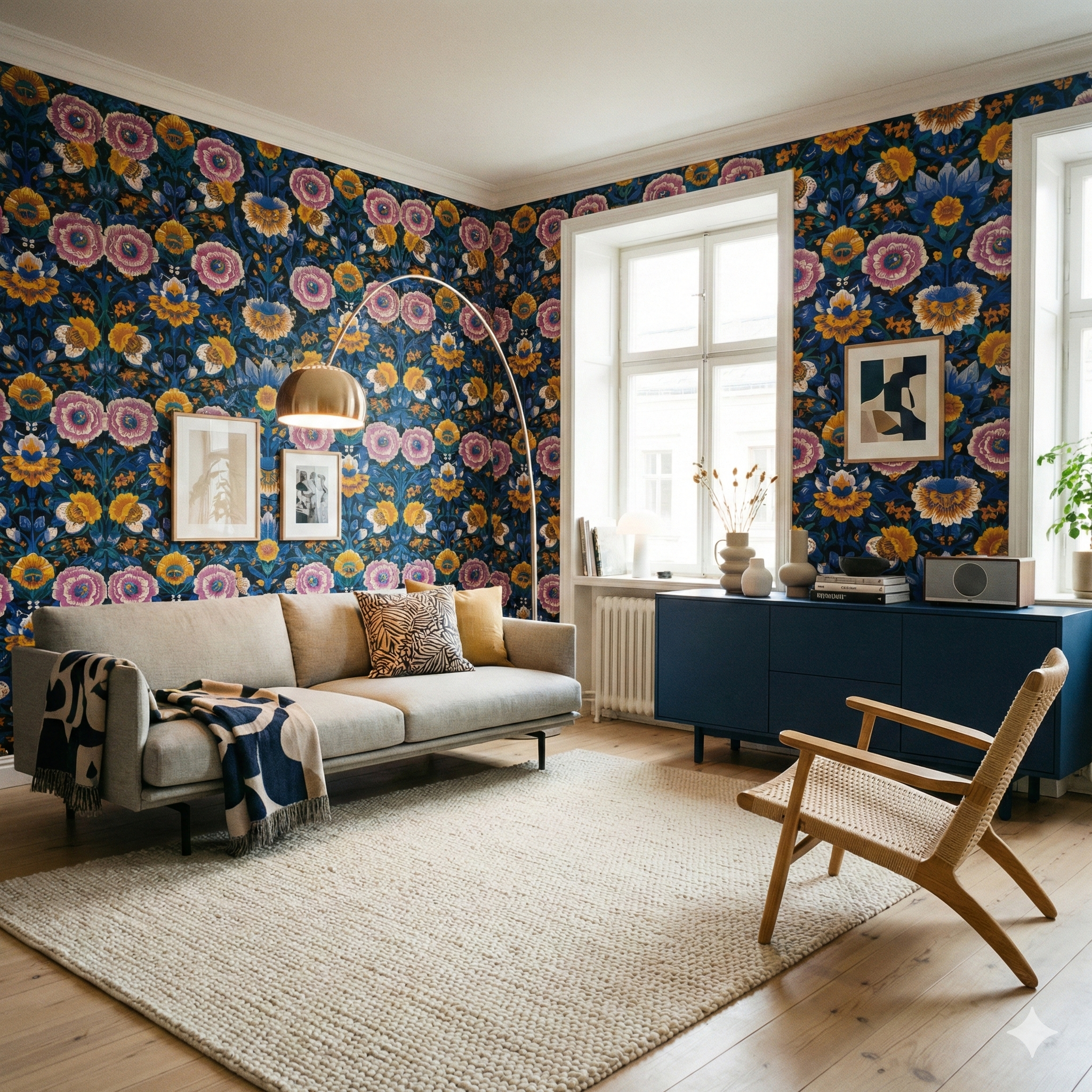 Gallery Allegory wallpaper with a colorful floral pattern covering the wall.
