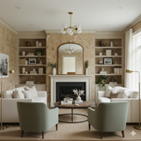 Fawnwood Sketch Wallpaper with whimsical deer and floral pattern covering a living room wall.
