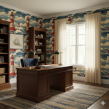 Nautical wallpaper with repeating lighthouse pattern and ocean wave illustrations.