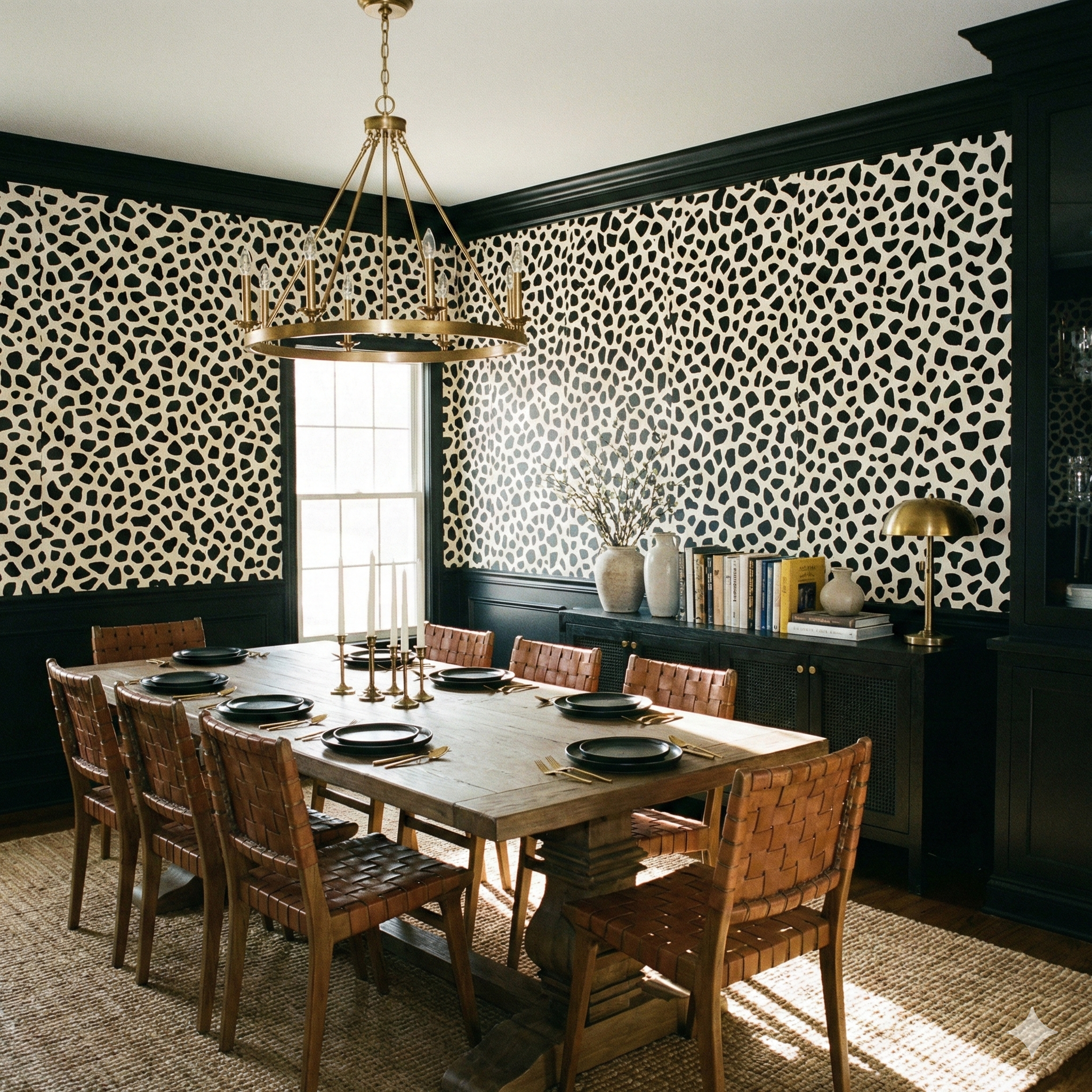 Black and cream Fragment Field Wallpaper with animal print pattern, covering the upper half of a dining room wall.