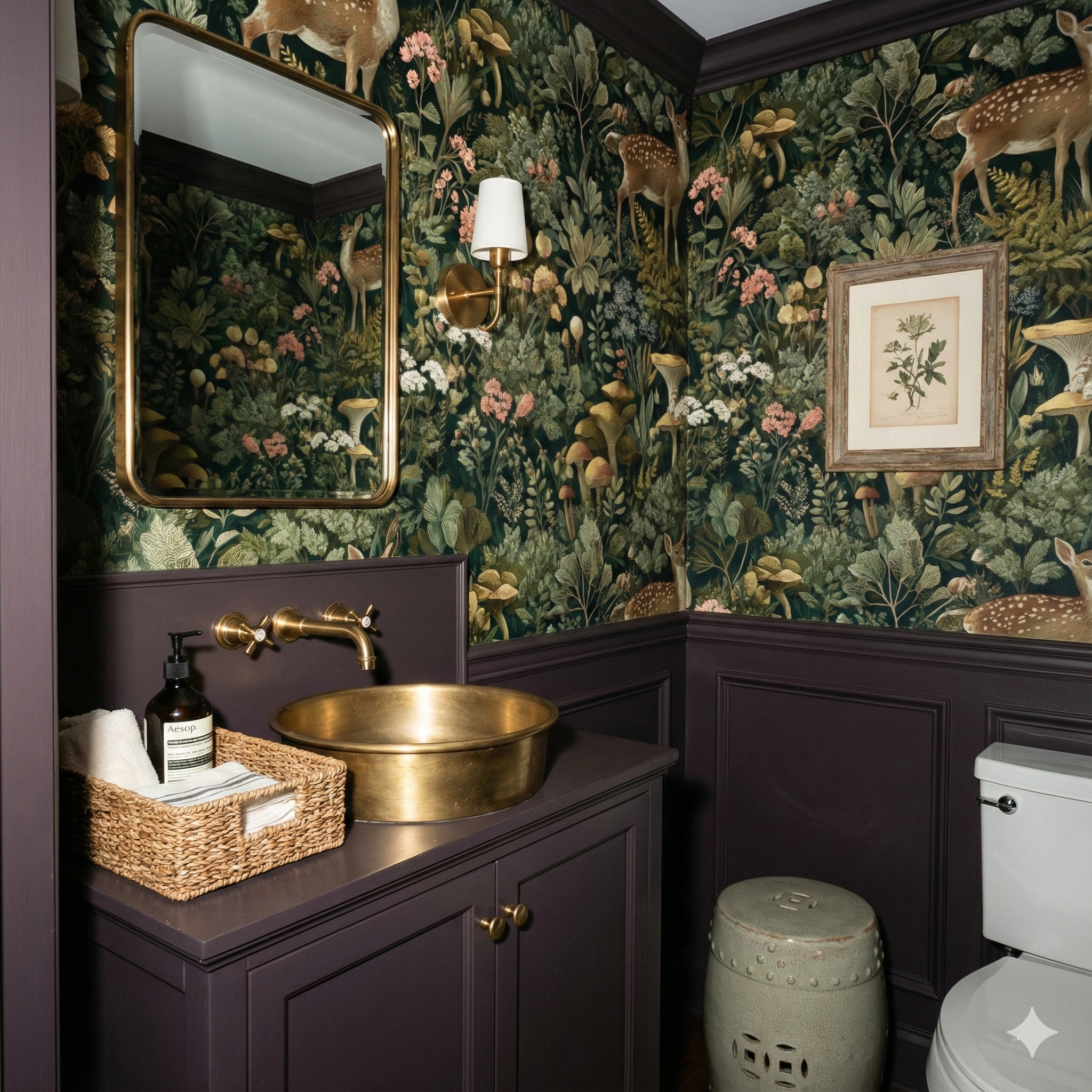 Botanical style wallpaper with deer pattern featuring pink flowers and green foliage, in a powder room setting.
