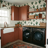 Plain wallpaper with green cactus pattern on white background.