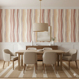 Rosewood Current wallpaper by Brewster, with wavy, vertical stripes in a warm, neutral palette.