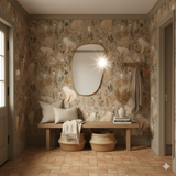 Bearberry Hollow Wallpaper featuring bears, mushrooms, and foliage on a beige background.
