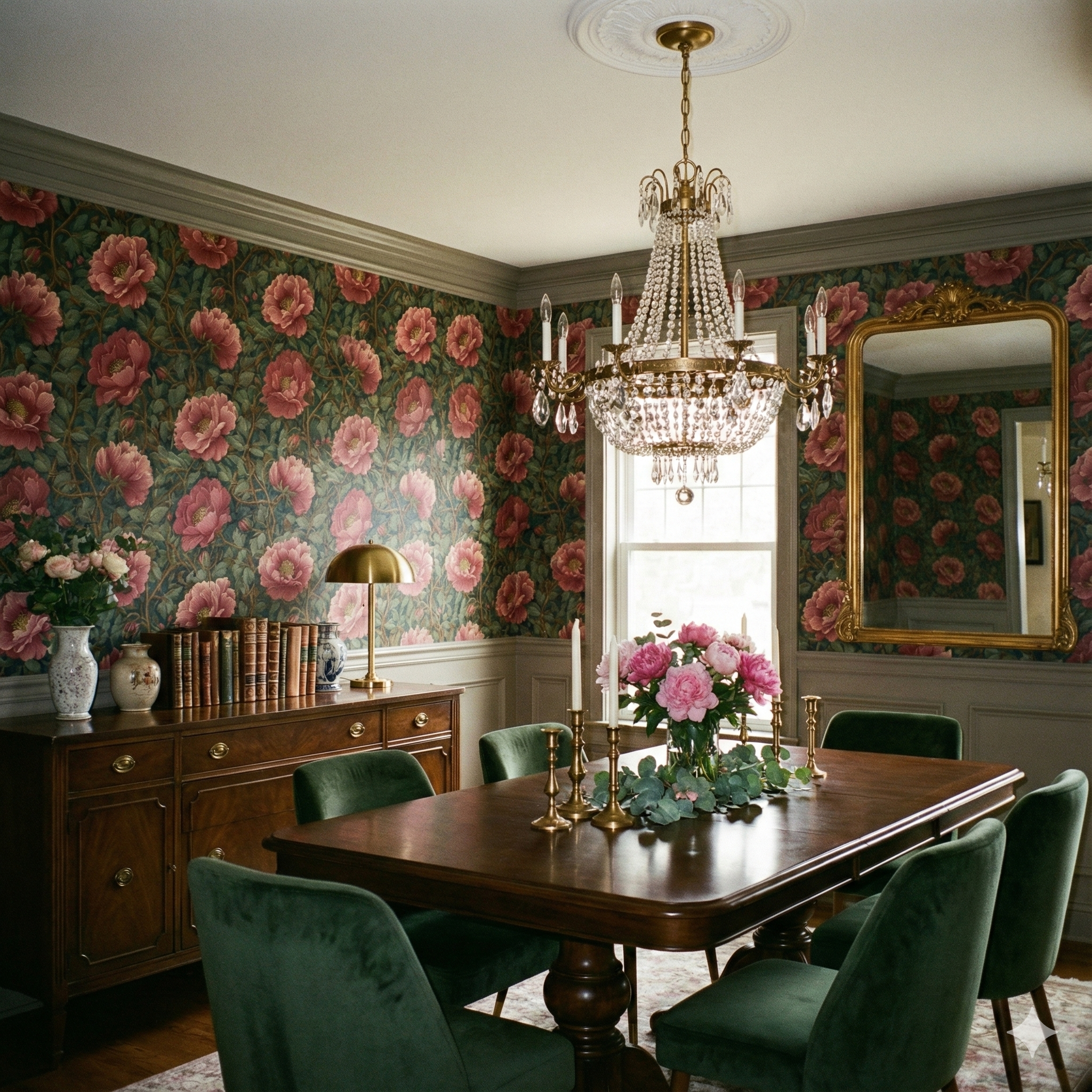 Floral wallpaper by Morris & Co., with a pattern of pink roses and green leaves on a dark background.