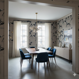 Grey running dog wallpaper pattern from Argent Run covering a dining room wall.