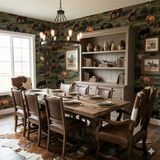 Last Light Graze wallpaper with horse print pattern, styled in a western dining room.