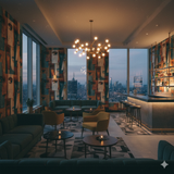 Abstract face wallpaper in a modern setting, featuring chairs, tables, and a bar.
