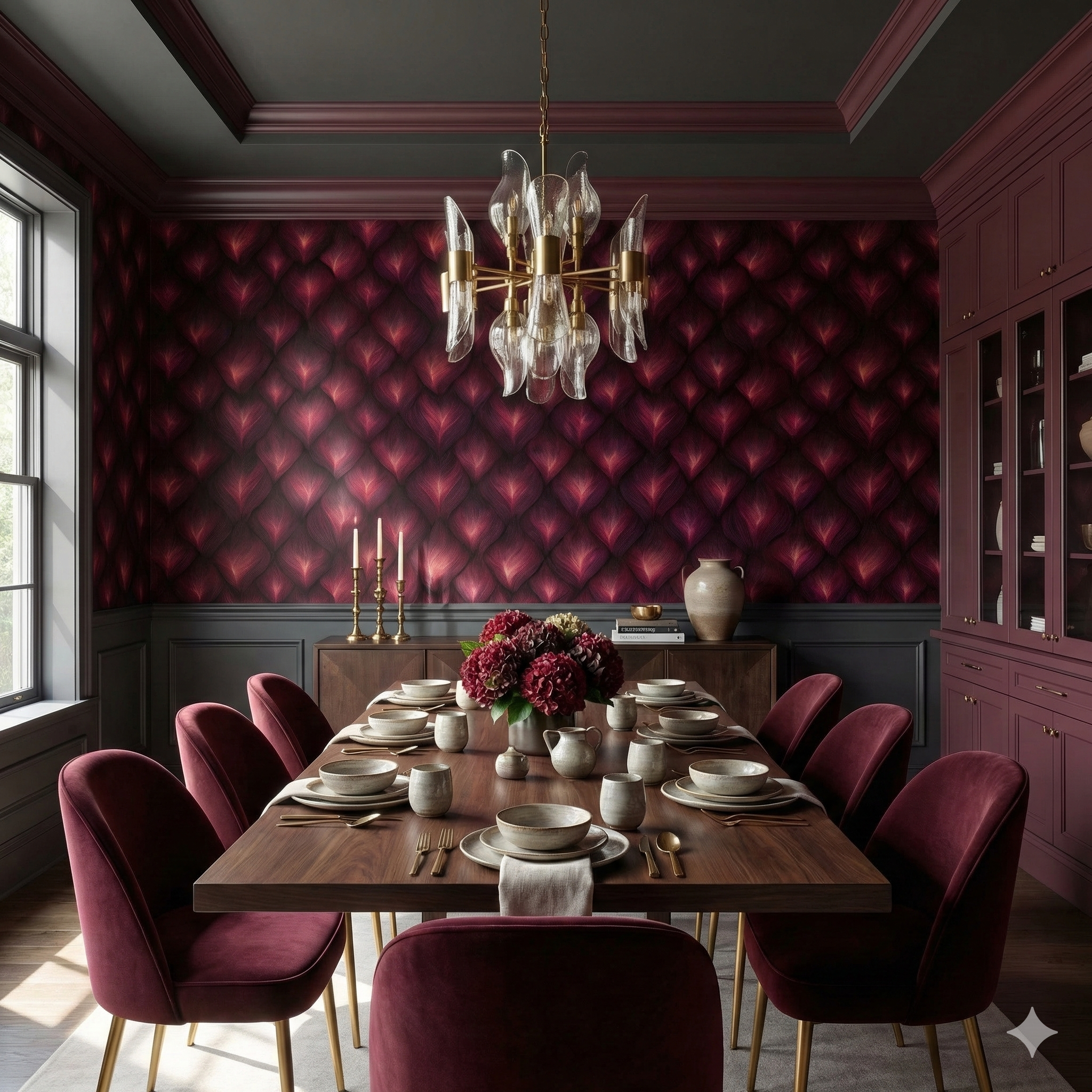 Damask pattern wallpaper with feathered texture, burgundy by color with gray paneling and dark ceiling.