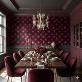 Damask pattern wallpaper with feathered texture, burgundy by color with gray paneling and dark ceiling.