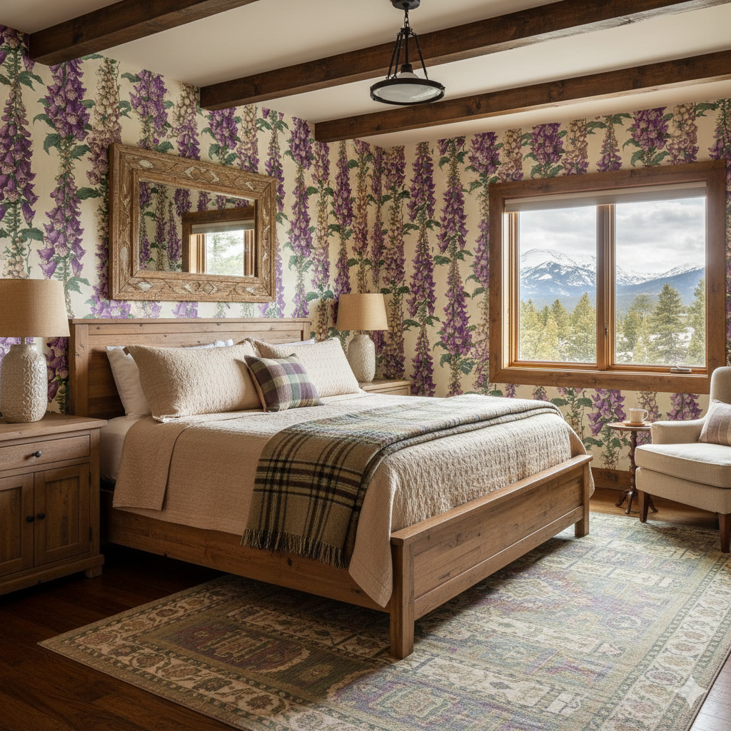 Floral foxfire choir wallpaper with purple and green tones, patterned with hanging flowers.